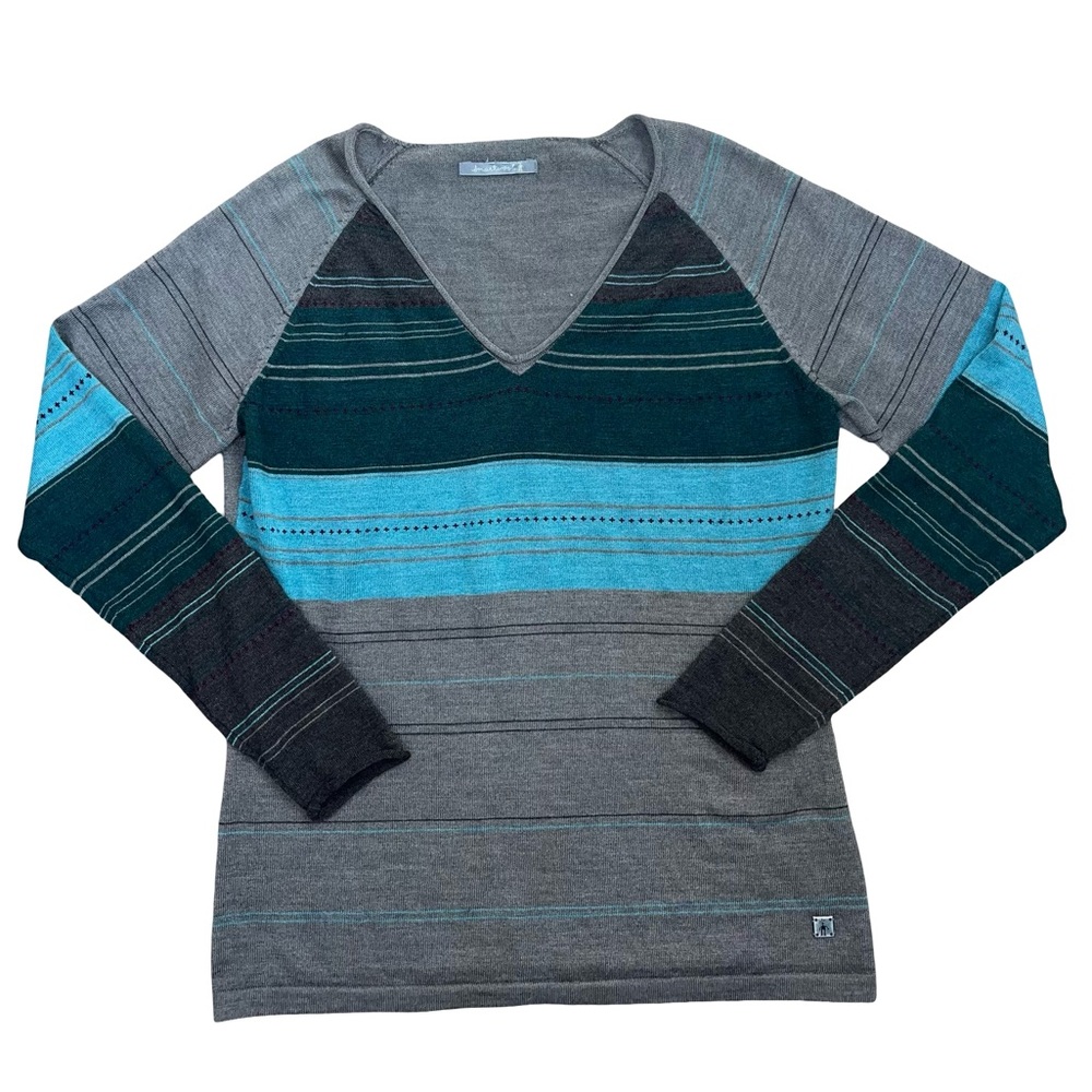 Smartwool V-Neck Stripe Pullover Sweater Medium Roll Hem EUC